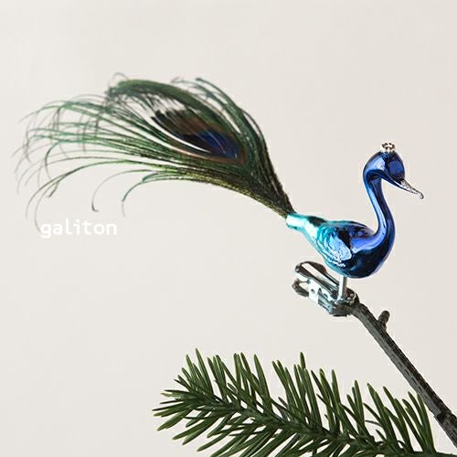 【xmas限定販売】 グラスオーナメント 鳥 くじゃく ターコイズ（冠小）N75